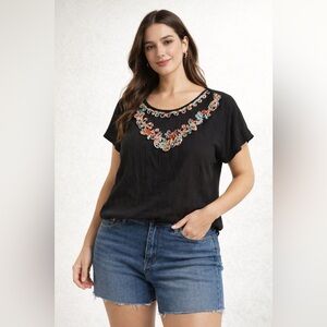 Carole Little Black Blouse w/ Colorful Embellished Neckline | Size 14 Boho